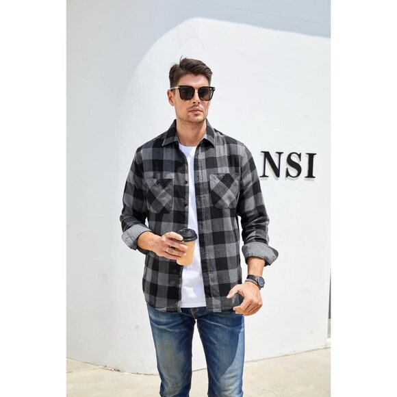 Mens Button Down Shirts Flannel Shirt Long Sleeve - Picture 2 of 5